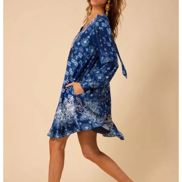 Hale Bob Emerson Dress Size S Blue Tie Dye Long Sleeve Above Knee Designer